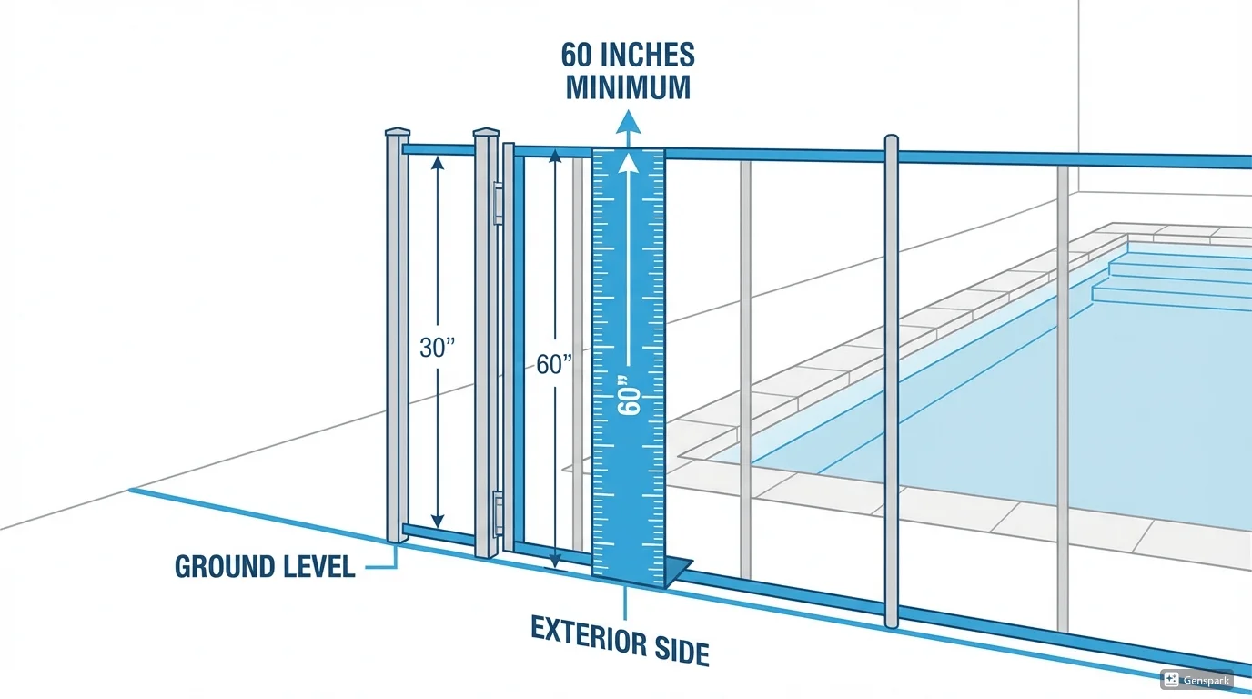 Technical diagram showing proper pool fence height measurement with 60-inch minimum from exterior side