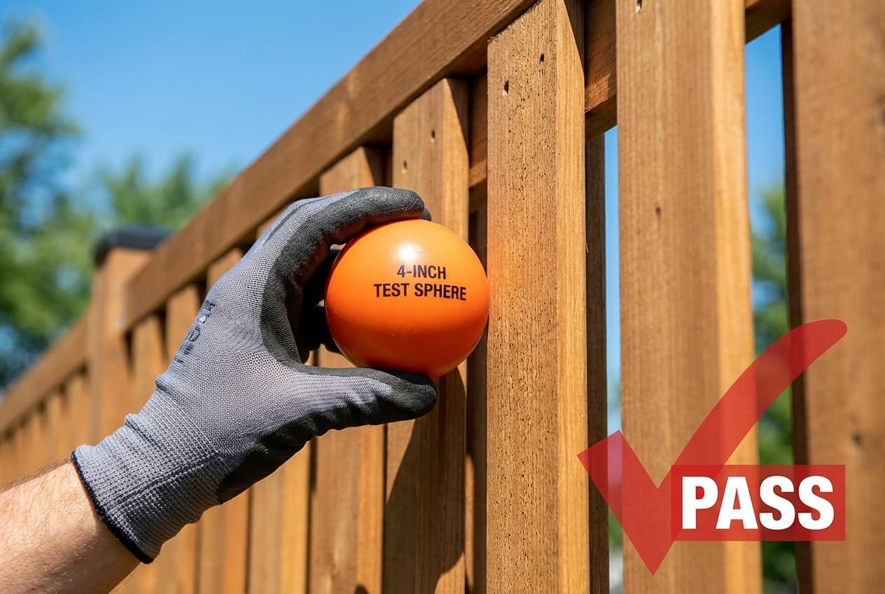 Close-up of inspector testing pool fence with 4-inch sphere to verify proper spacing between vertical slats