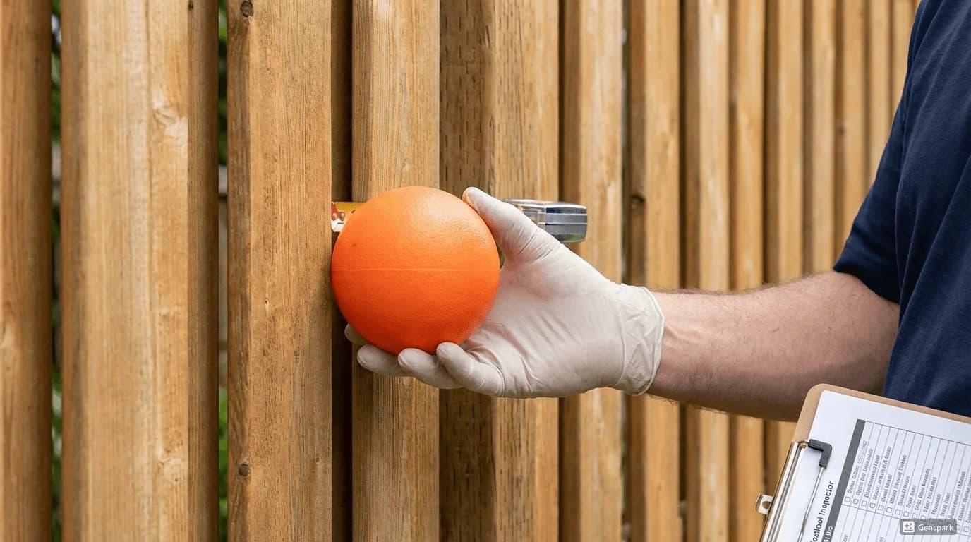 4-inch sphere being tested against pool fence vertical slats to demonstrate proper spacing