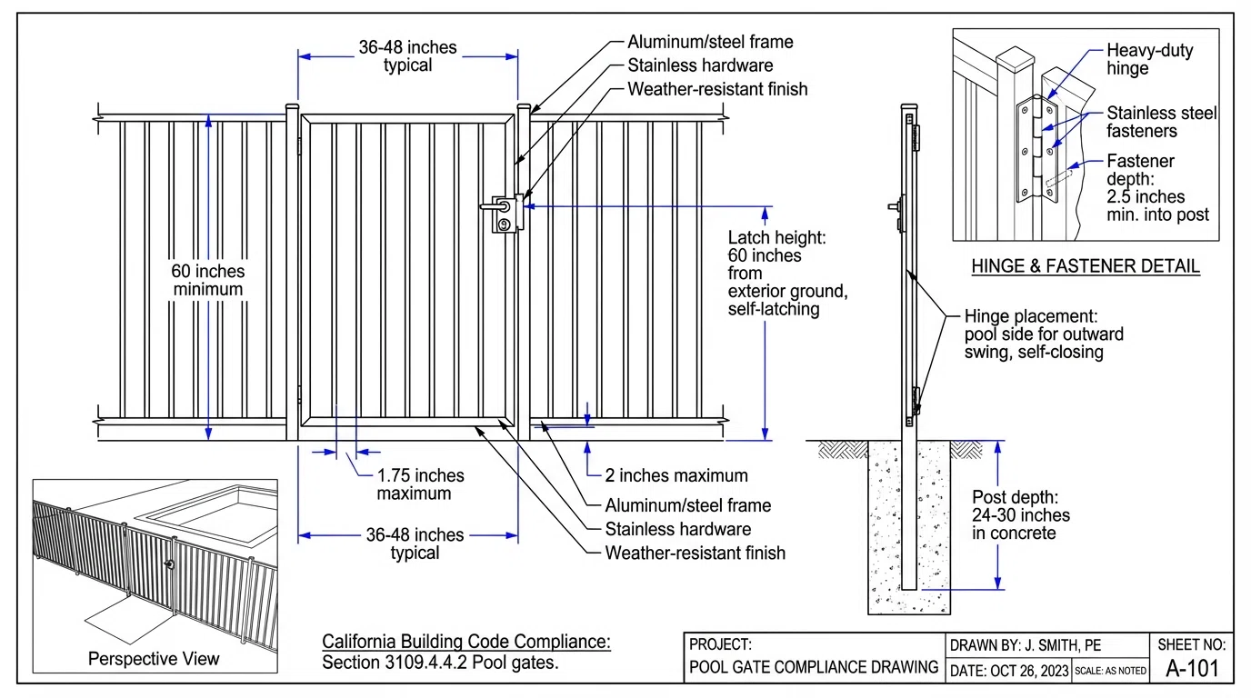 Technical diagram showing pool gate construction specifications and measurements