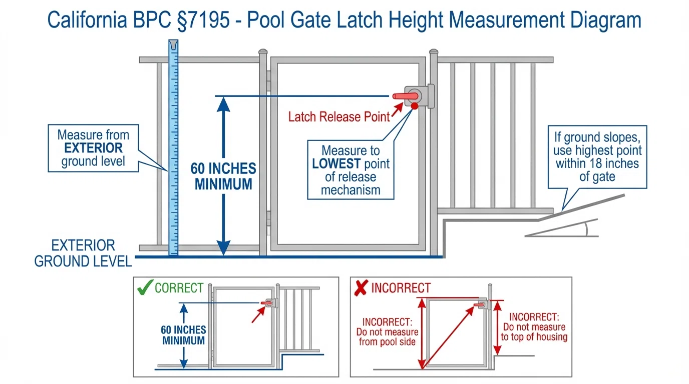 Detailed measurement diagram showing proper 60-inch latch height from ground to release