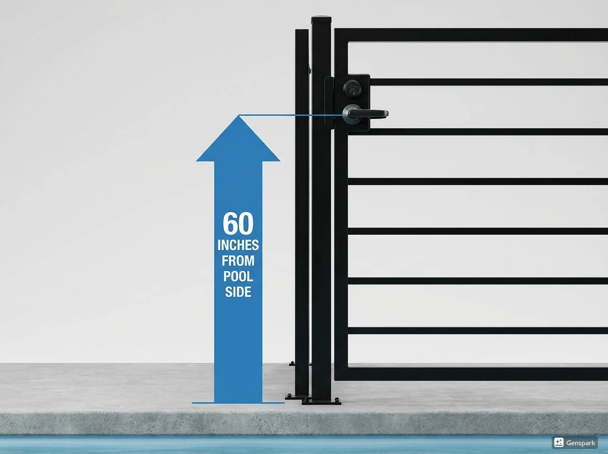 Side view of pool gate showing proper latch placement at 60 inches from pool side