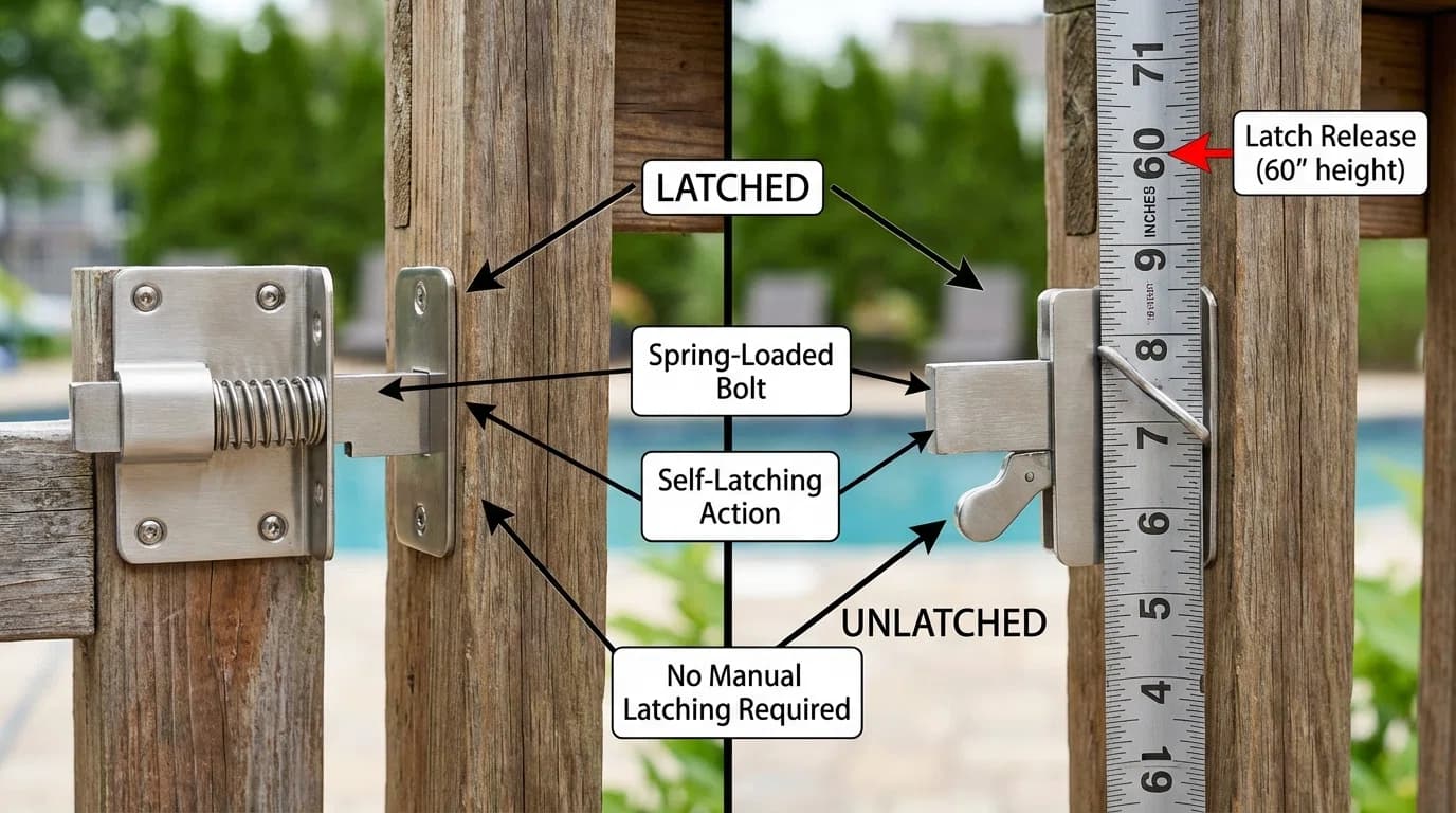 Close-up view of self-latching mechanism internal components and operation