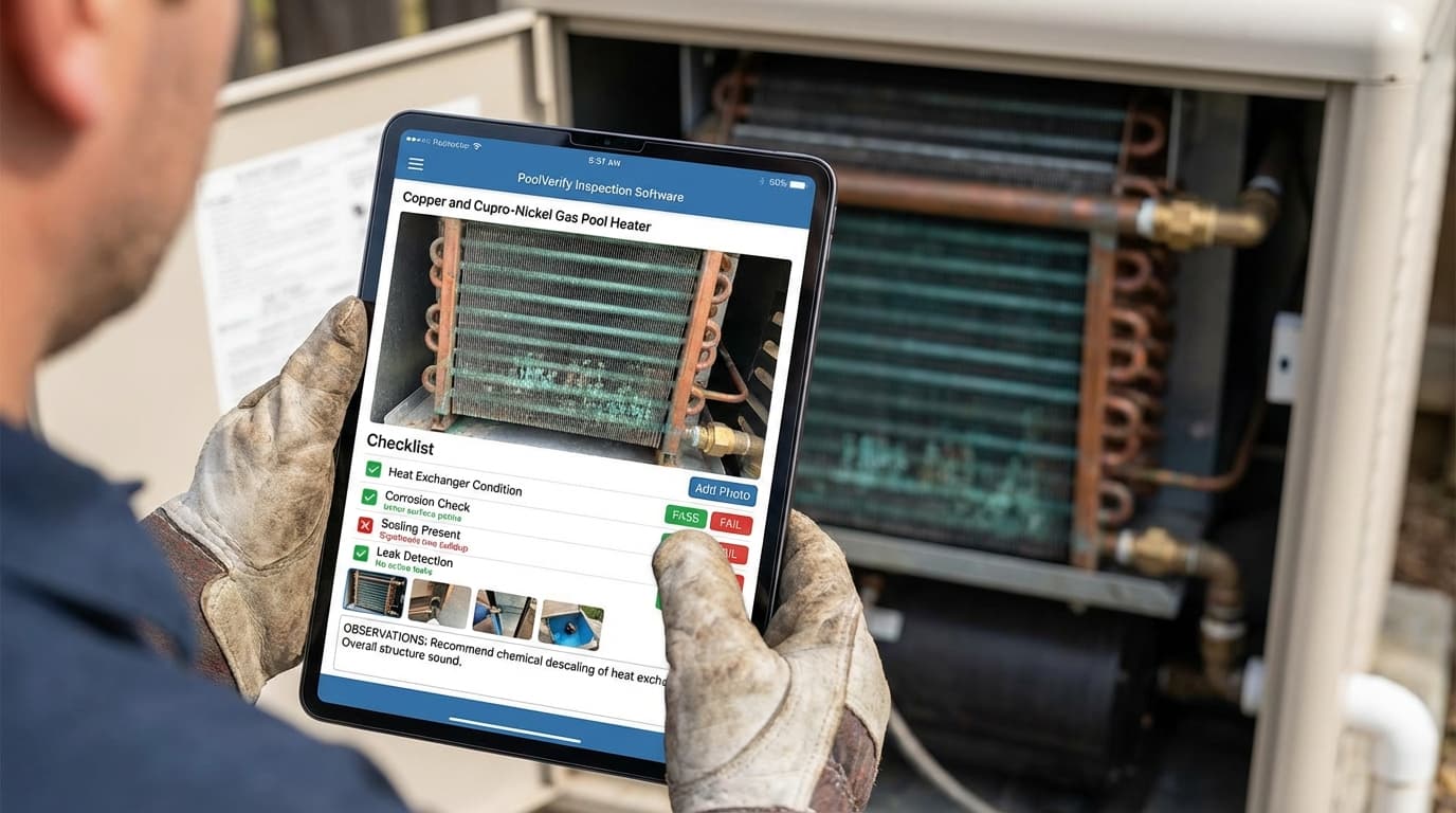 Professional inspector documenting pool heater condition with digital inspection app showing heat exchanger photo