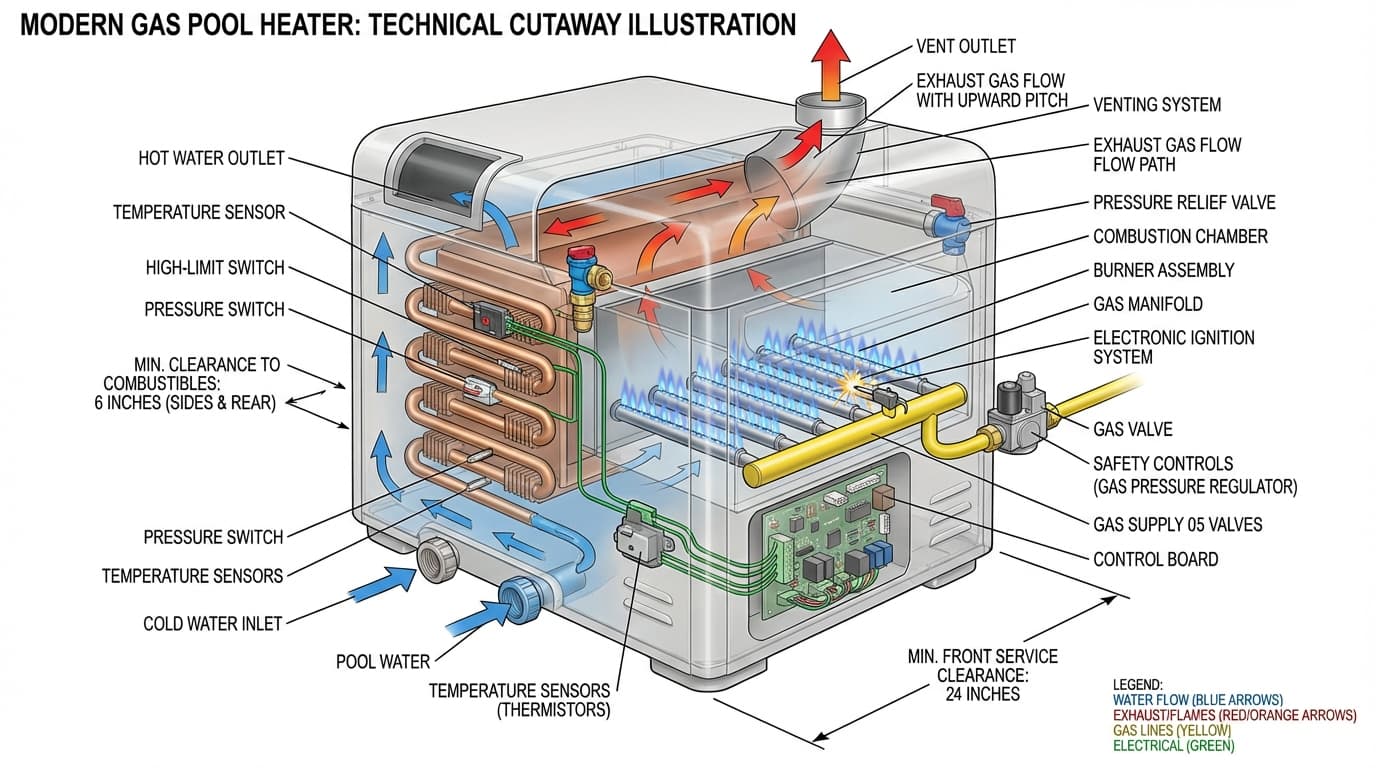 Cutaway view of gas pool heater showing heat exchanger, burner assembly, and combustion chamber with labeled components