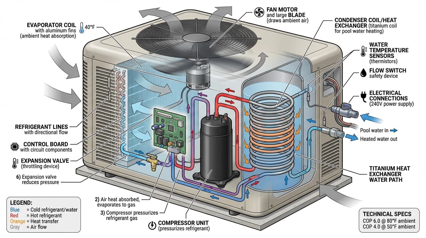 Electric heat pump pool heater with labeled components showing evaporator coil, compressor, and refrigerant circuit