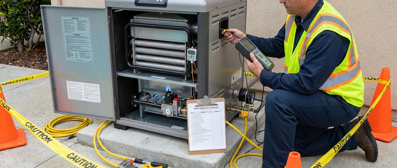 Professional pool inspector examining gas pool heater combustion chamber and control panel
