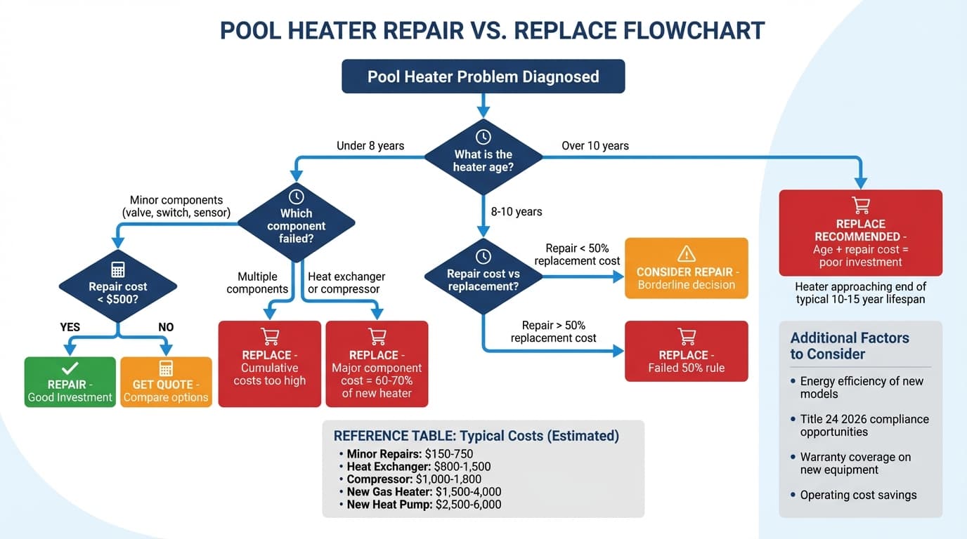 Decision flowchart showing repair vs replacement decision process based on heater age, repair cost, and equipment condition
