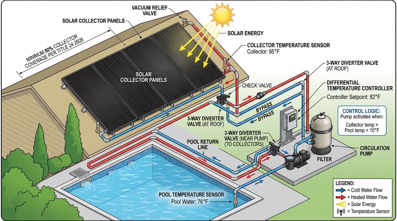 Solar pool heating system diagram showing collectors, circulation pump, controller, and flow path