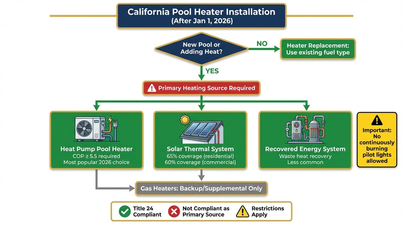California Title 24 2026 pool heater requirements flowchart showing primary heating source options