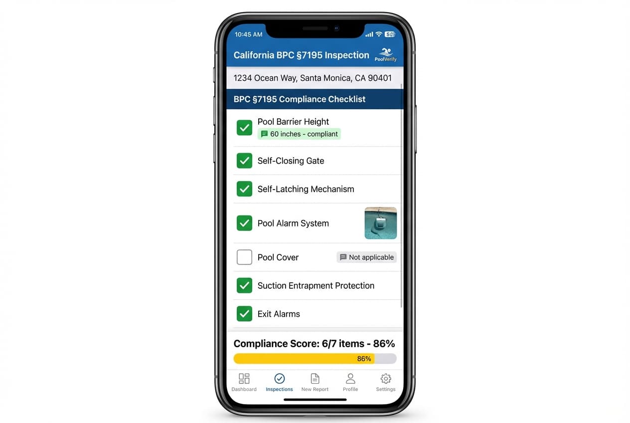 Screenshot of pool inspection app showing California BPC §7195 compliance checklist