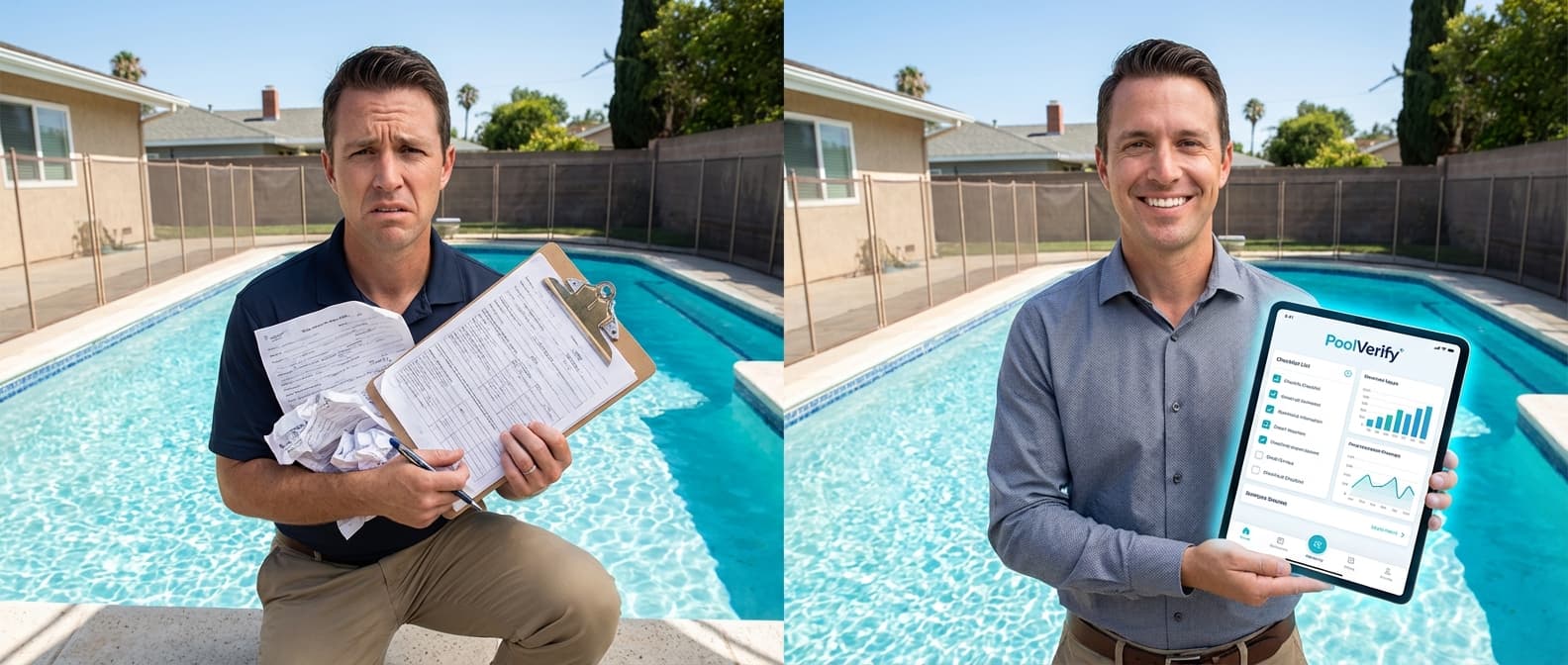 Pool inspector using mobile app on tablet next to traditional paper inspection forms and clipboard