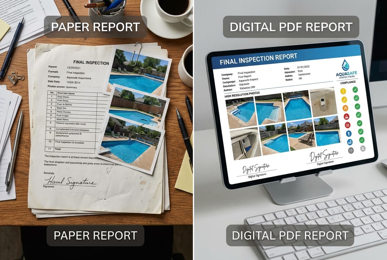 Side-by-side comparison of paper inspection report versus professional digital PDF report