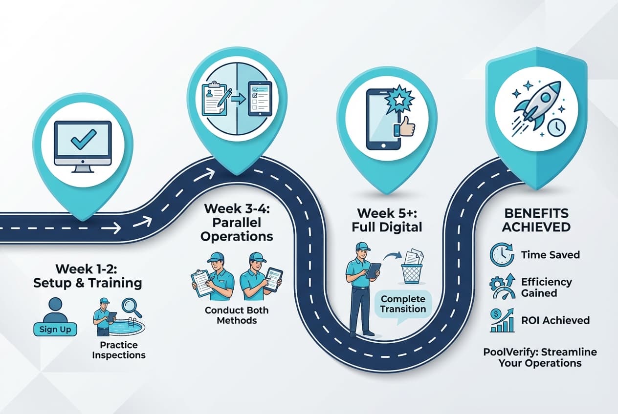 Timeline infographic showing 4-week transition from paper forms to pool inspection app