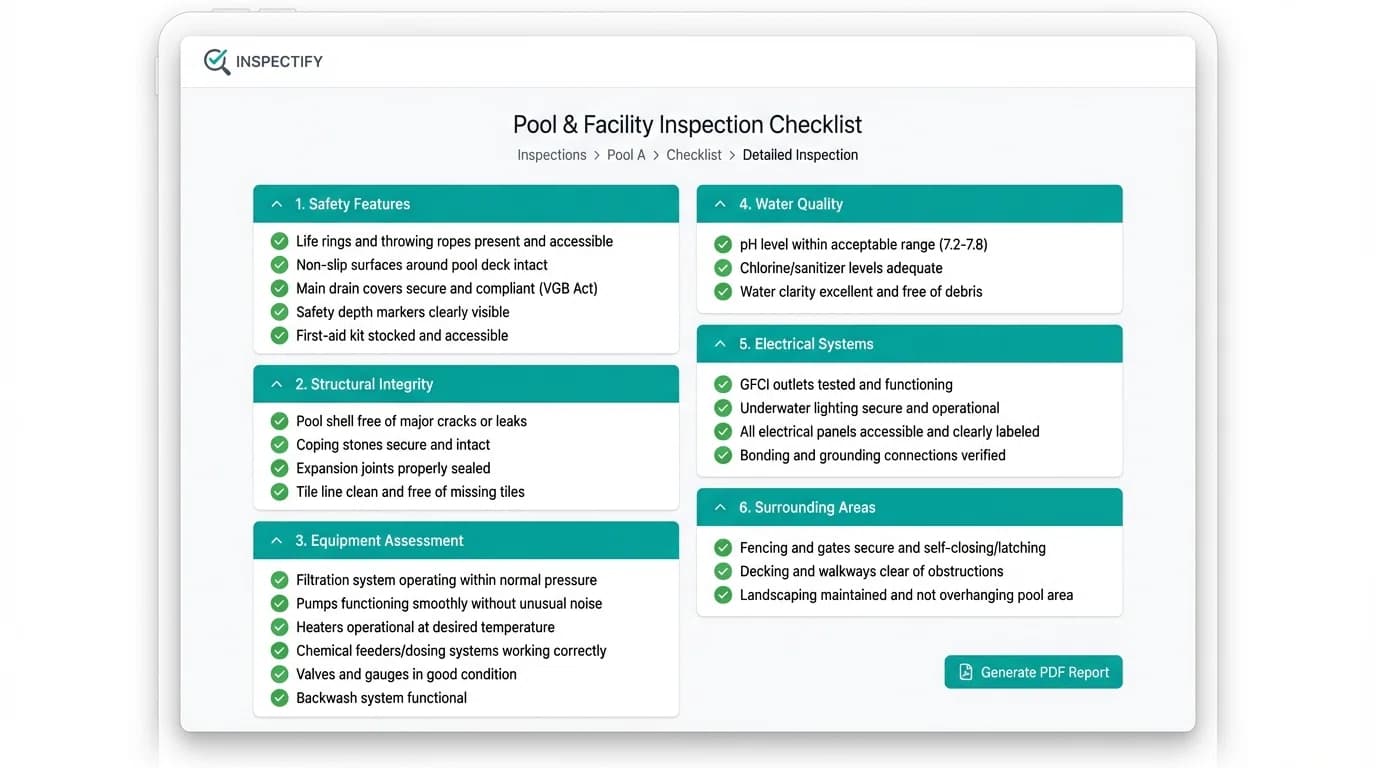 Detailed inspection checklist showing inspector examining each of six critical areas with checkmarks