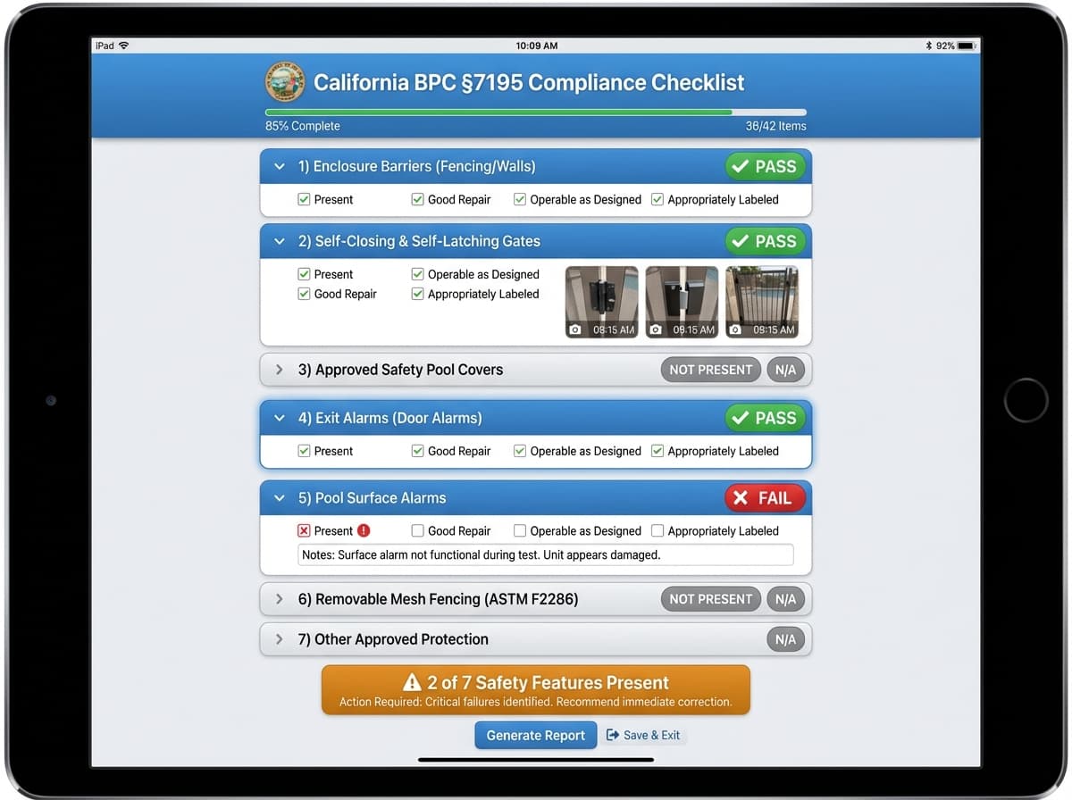 Detailed checklist showing all seven BPC §7195 drowning prevention safety features with pass/fail status