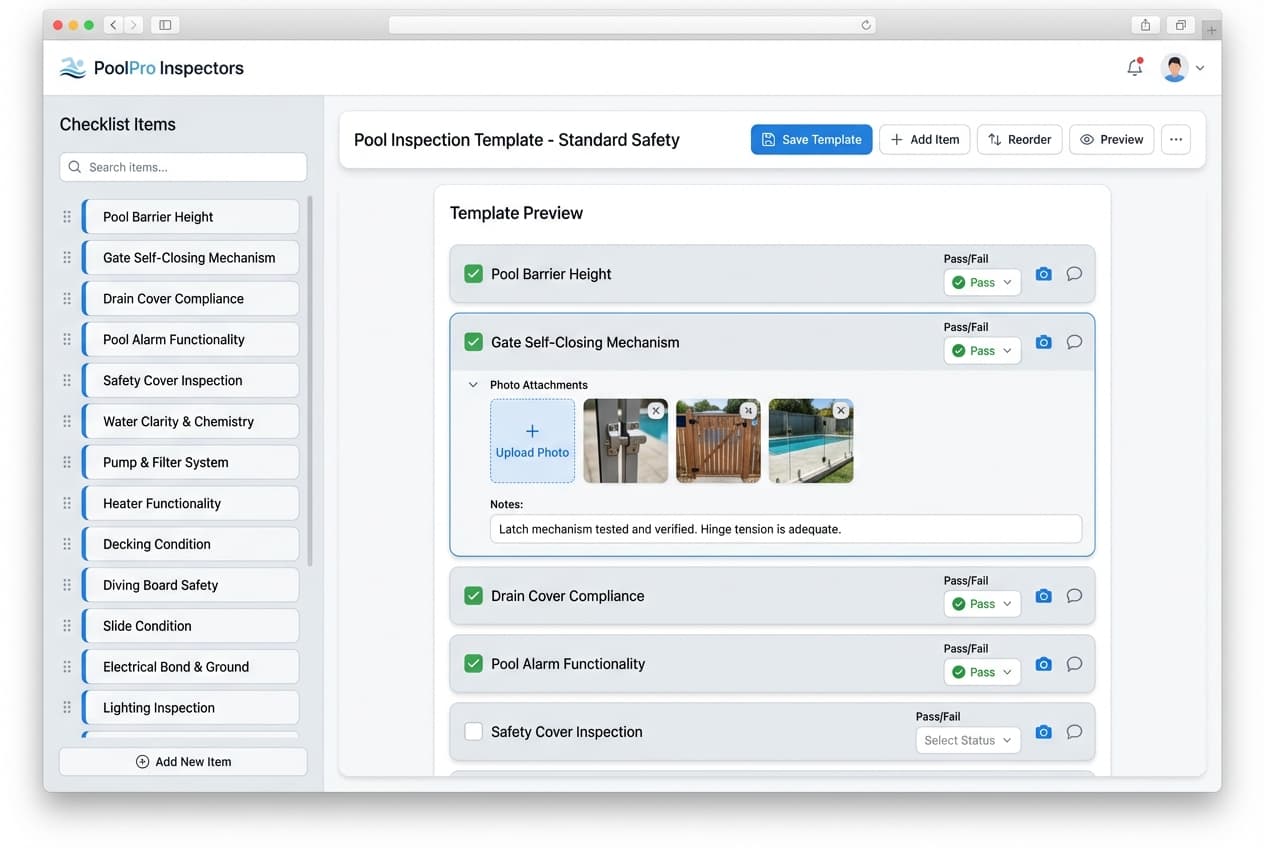 Screenshot showing customizable checklist template editor with drag-and-drop item organization