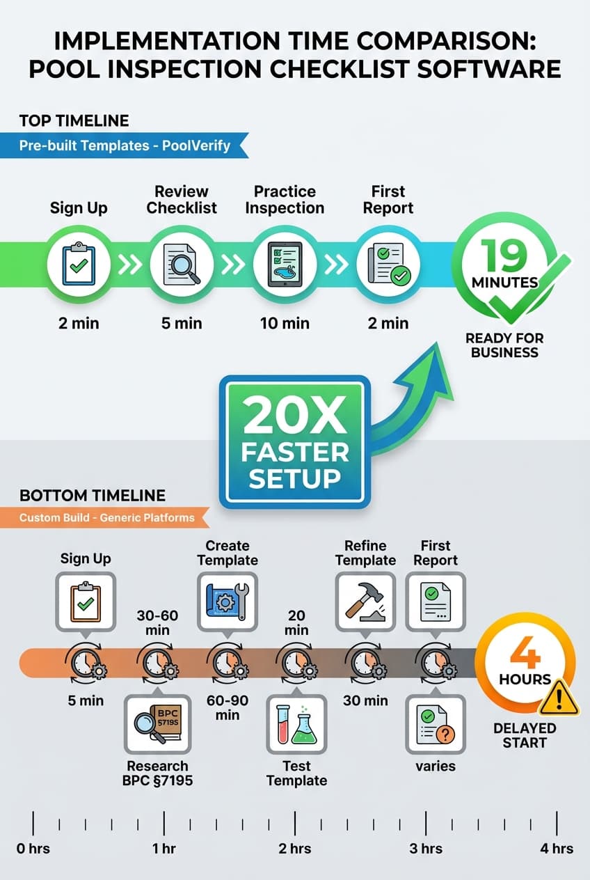 Timeline comparison showing PoolVerify ready in 19 minutes versus generic platforms requiring 4 hours