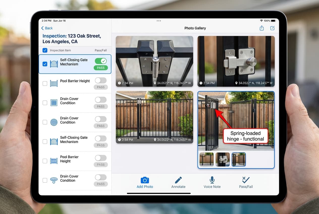 Pool inspection app interface showing checklist item with attached photos and annotation tools