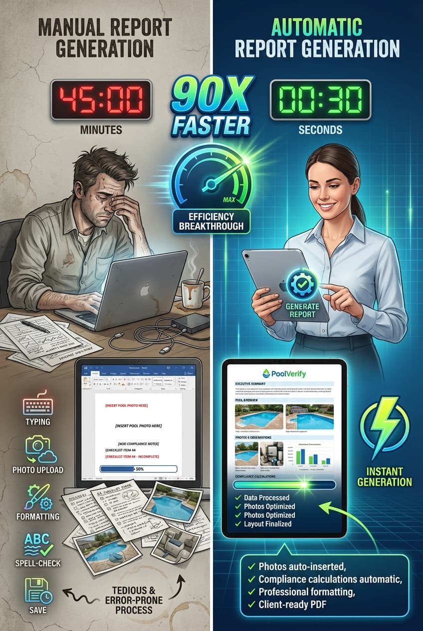 Before and after comparison showing manual report typing taking 45 minutes versus automatic generation taking 30 seconds