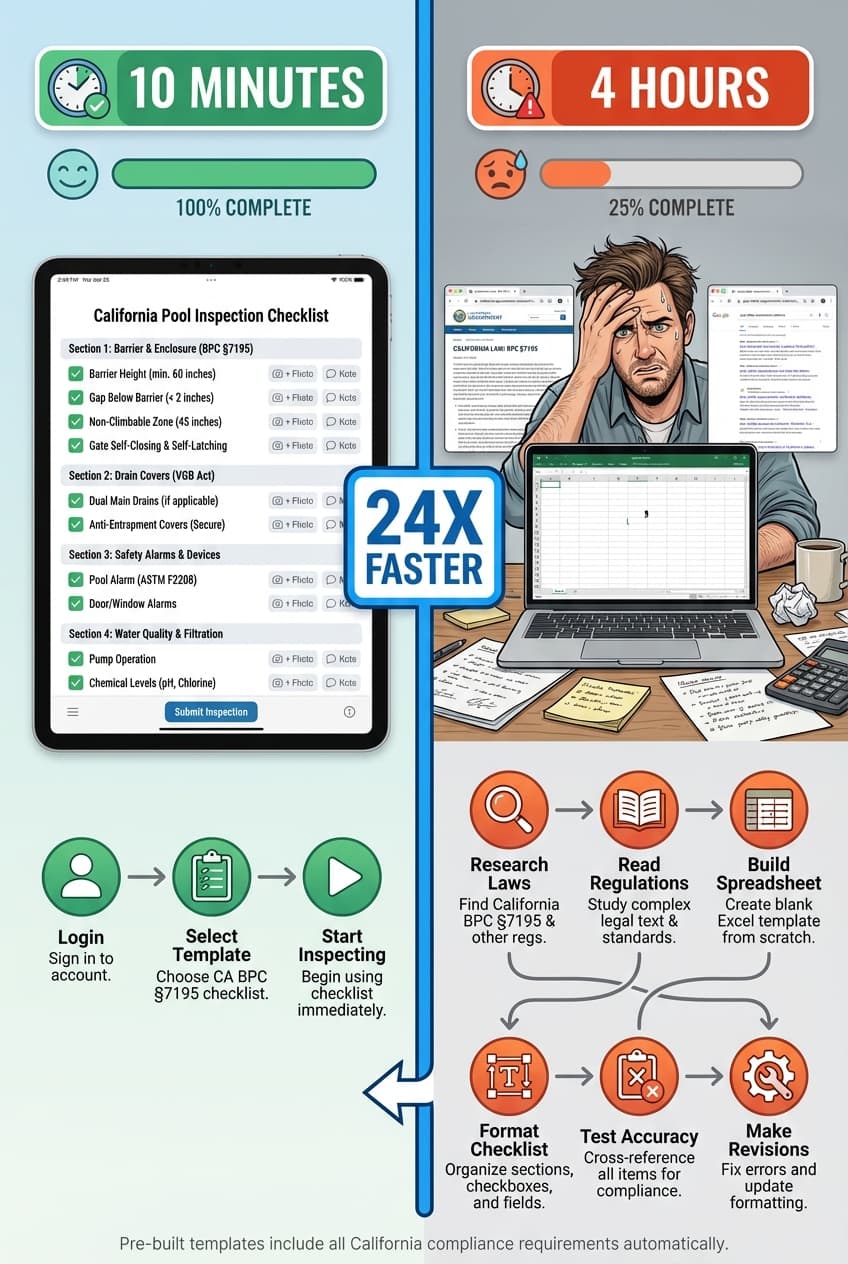 Comparison showing pre-built template ready in 10 minutes versus custom checklist requiring 4 hours of setup