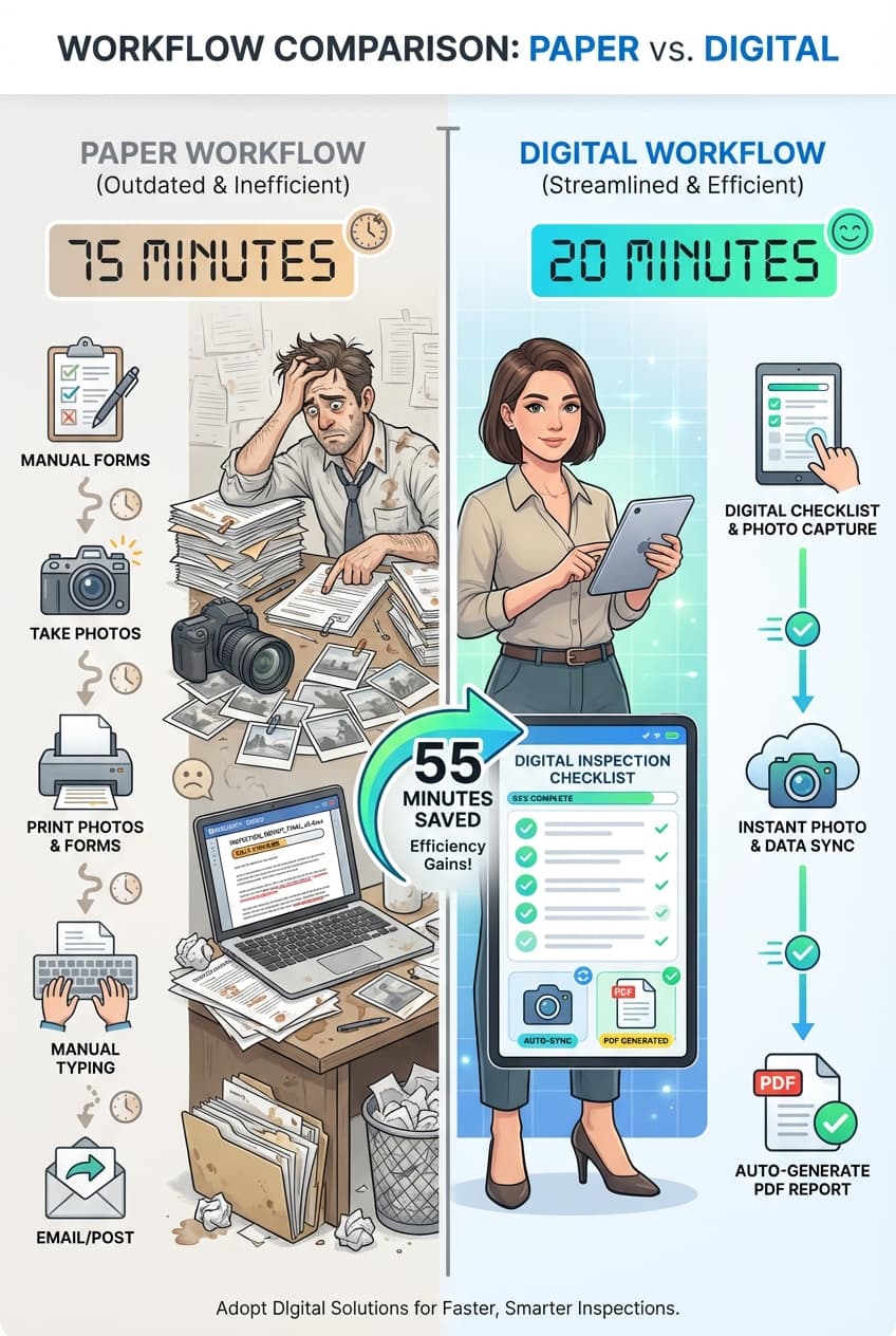 Side-by-side comparison showing paper checklist workflow taking 75 minutes versus digital checklist workflow taking 20 minutes