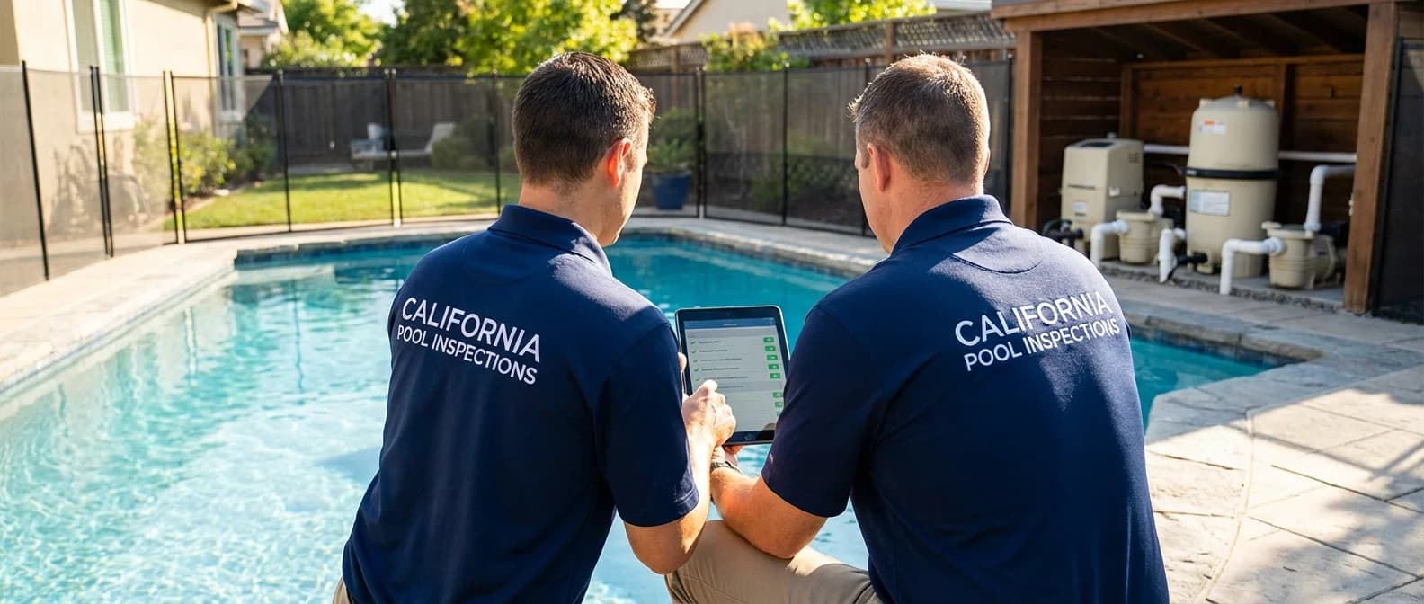 Professional pool inspector examining pool safety features with inspection checklist and tablet