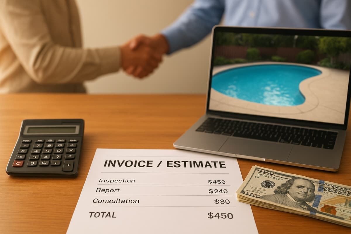 Professional pool inspector checking pool safety equipment and water quality during a residential inspection