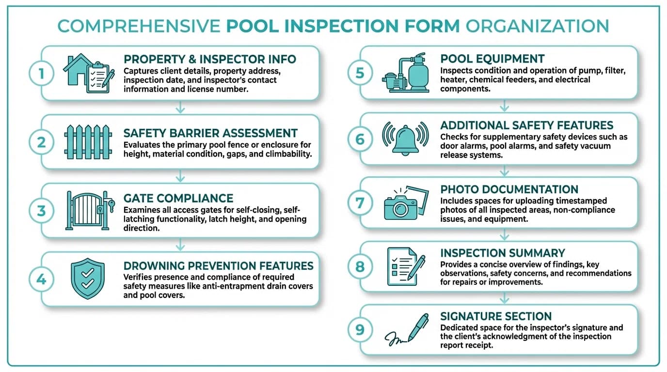 Comprehensive pool inspection form template layout showing all required sections organized in professional checklist format with photo documentation fields