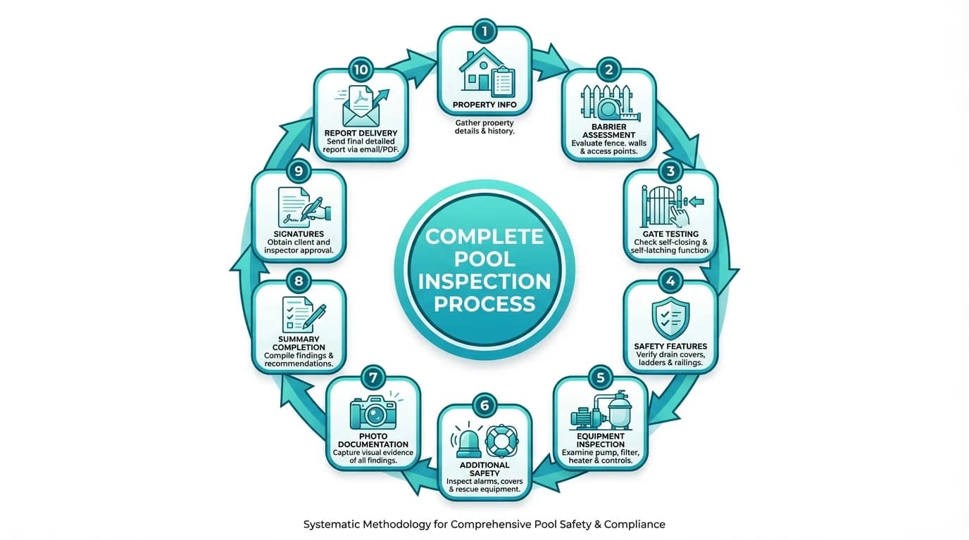 Step-by-step visual guide showing pool inspector conducting each phase of inspection from barrier measurement to digital report generation