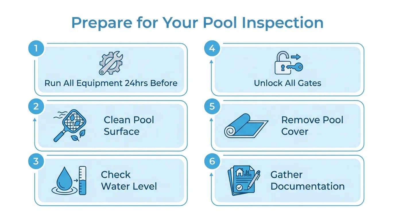 Homeowner preparation checklist infographic showing steps to prepare for pool inspection