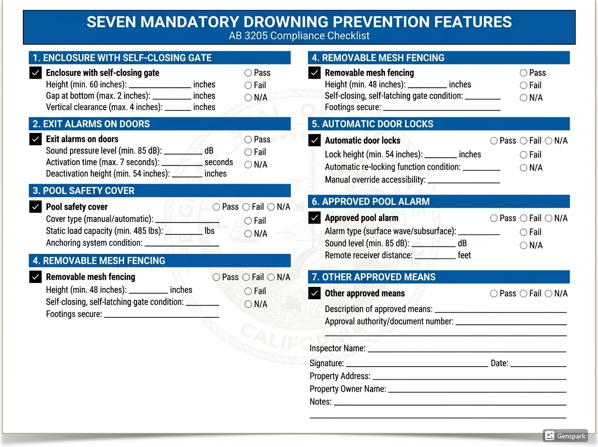 Detailed AB 3205 compliance checklist showing seven drowning prevention features with checkboxes and measurement fields for California pool inspections