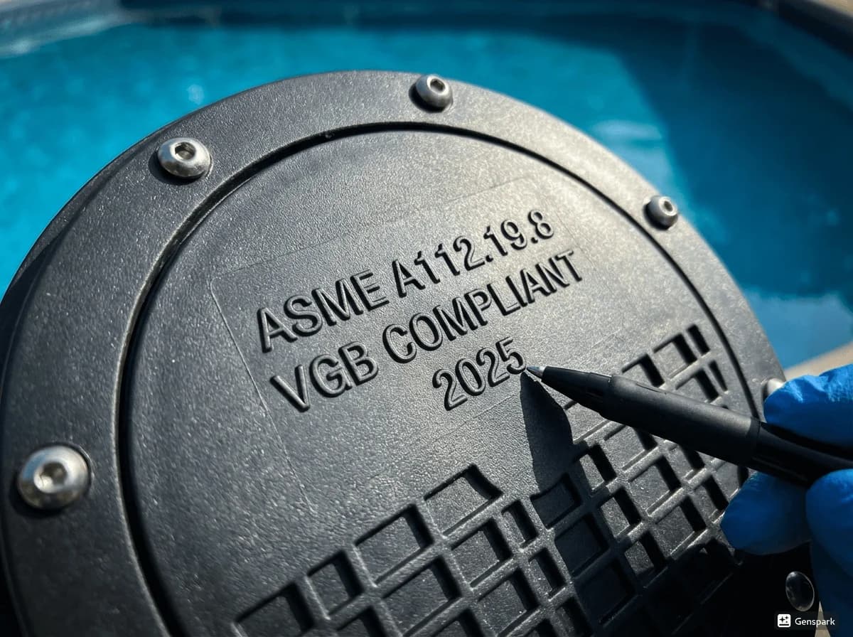 Close-up photo showing VGB-compliant pool drain cover with certification markings and secure fastening for California pool inspection documentation