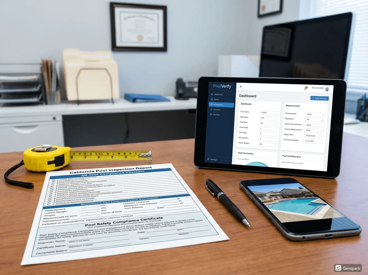 Professional pool inspection report template showing California AB 3205 compliance checklist with sections for barrier requirements and safety features