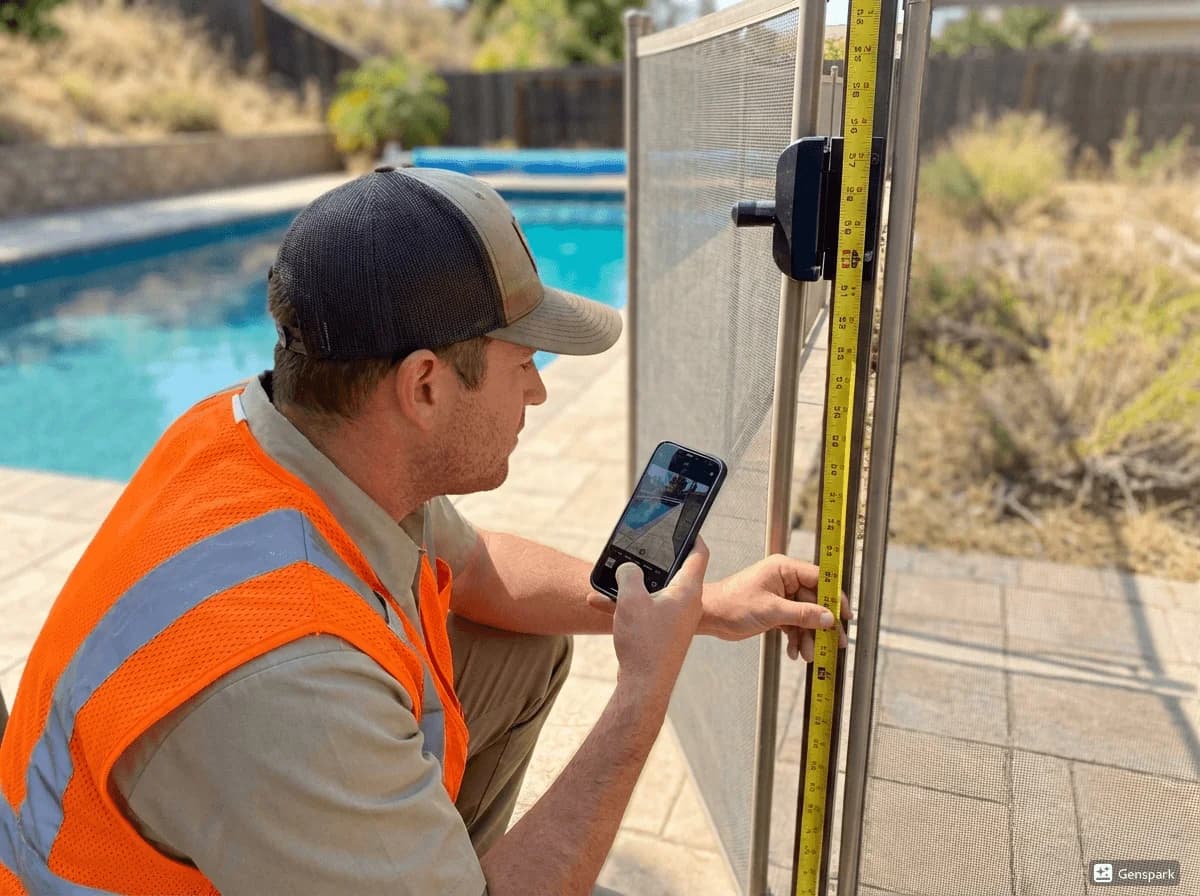 Pool inspector photographing gate latch height with measuring tape visible for California compliance documentation