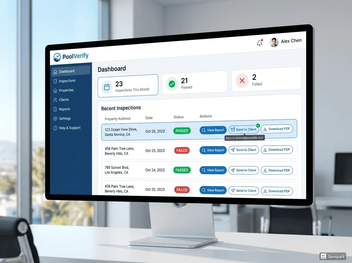 PoolVerify dashboard showing completed California pool inspections with instant PDF report generation and email delivery to clients and escrow