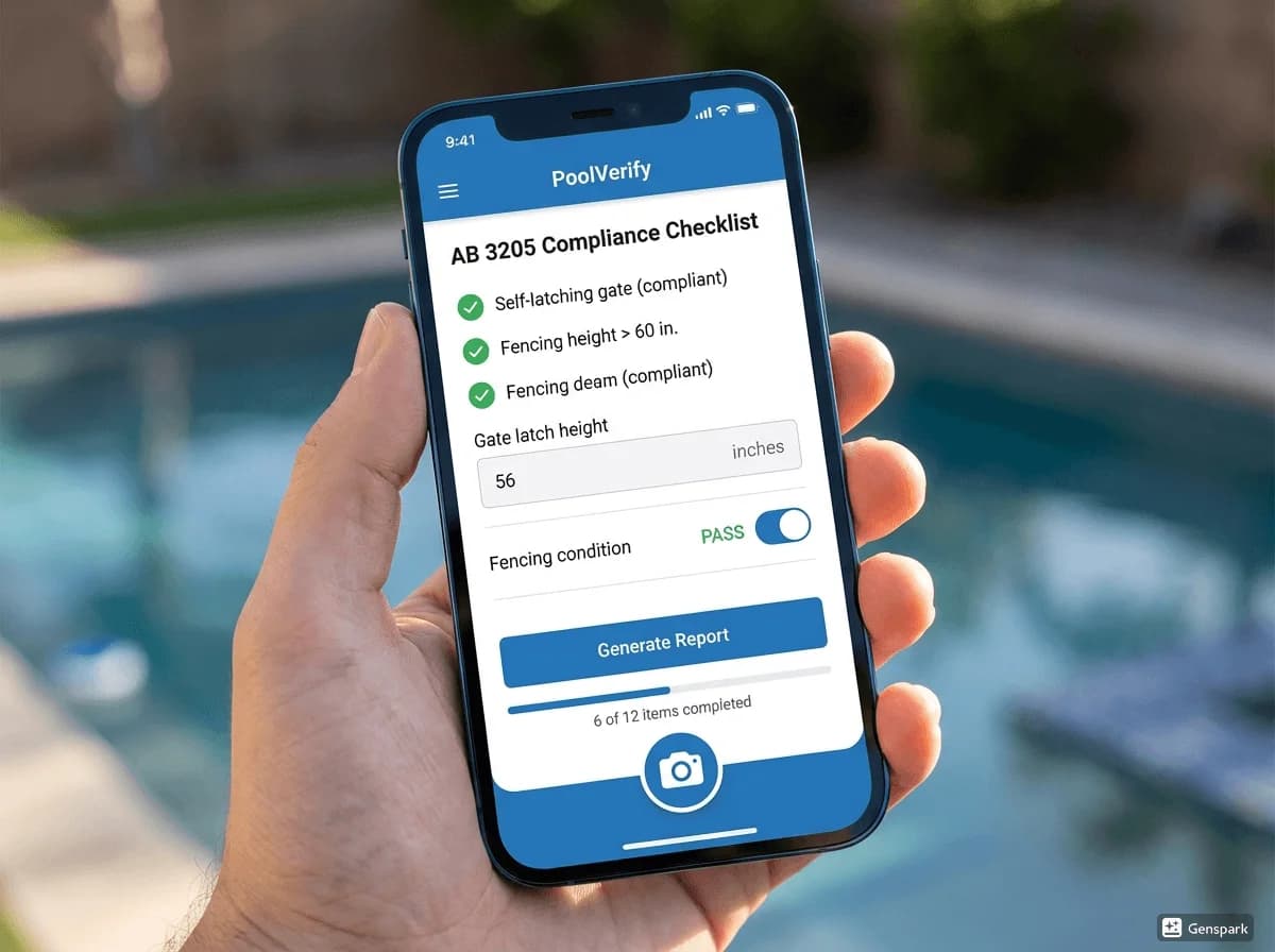 PoolVerify mobile app screenshot showing California AB 3205 compliance checklist being completed on-site during pool inspection with photo capture interface