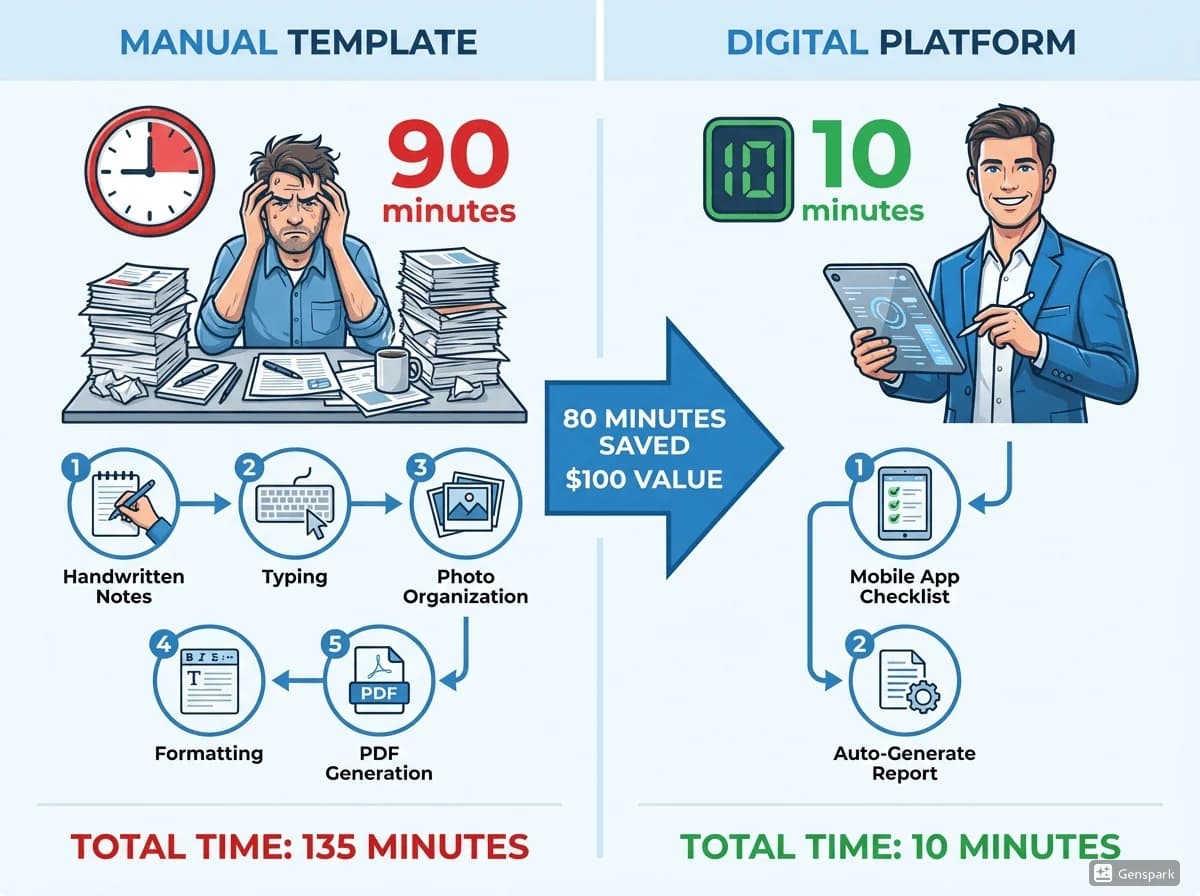 Comparison infographic showing time spent on manual vs digital pool inspection report completion, highlighting 90 minutes reduced to 10 minutes