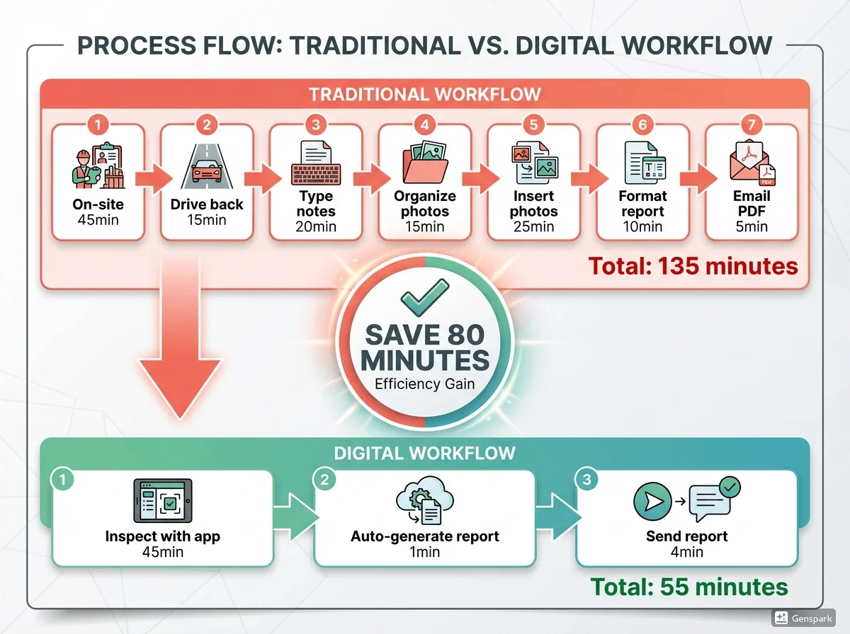 Side-by-side workflow comparison showing traditional manual template process taking 135 minutes vs digital inspection platform taking 55 minutes per report