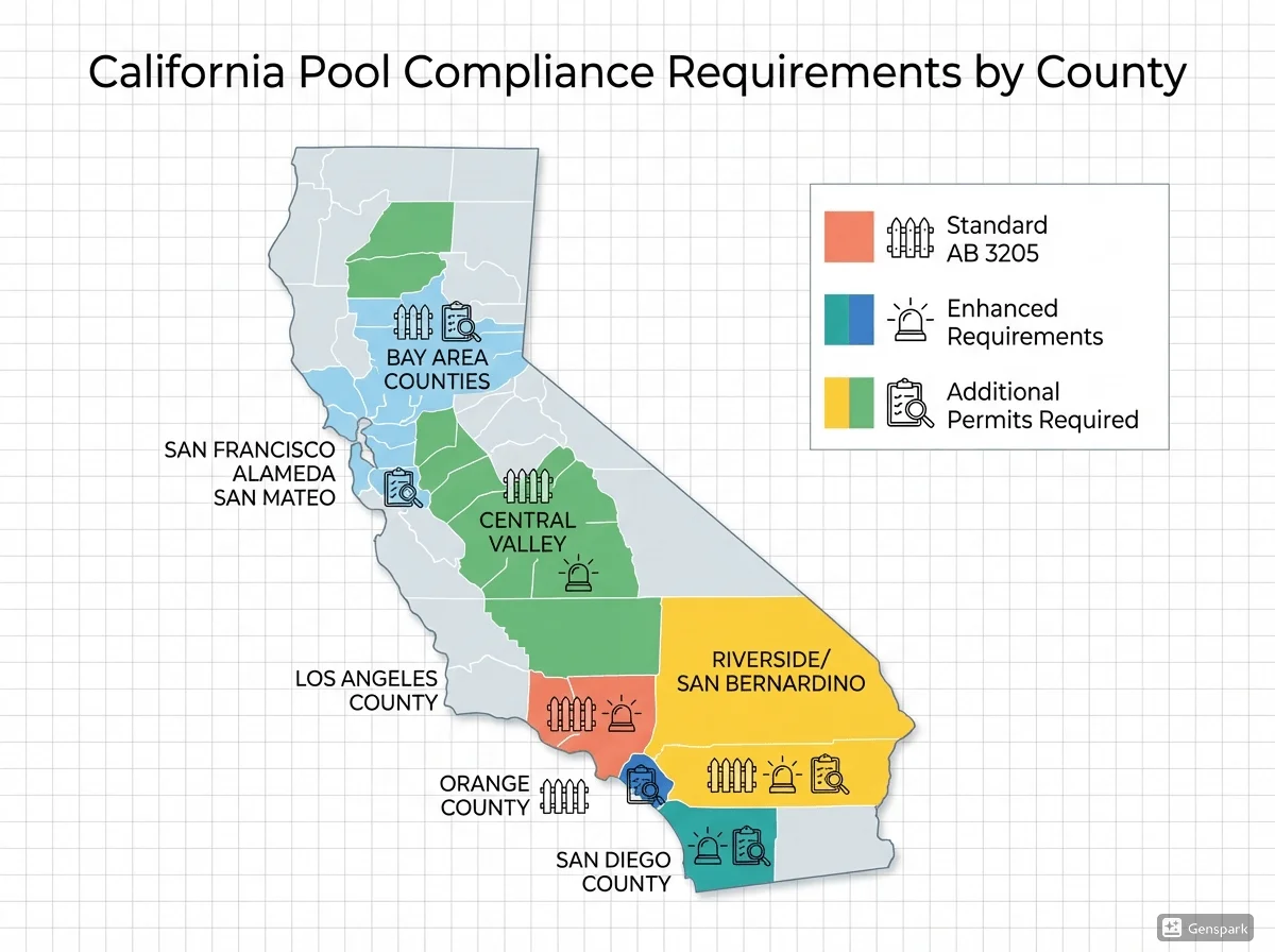 California pool compliance requirements map showing county-specific regulations and inspection zones for real estate transactions
