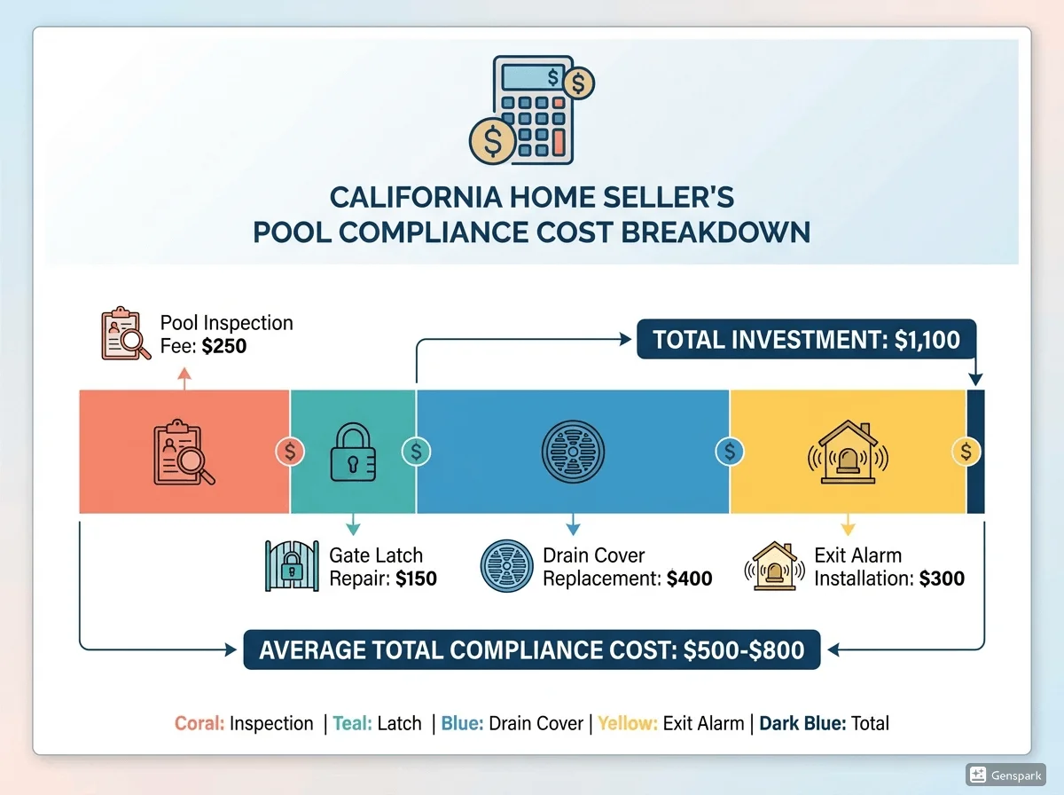 Cost breakdown infographic showing typical pool inspection fees, repair costs, and total compliance investment for California real estate sellers