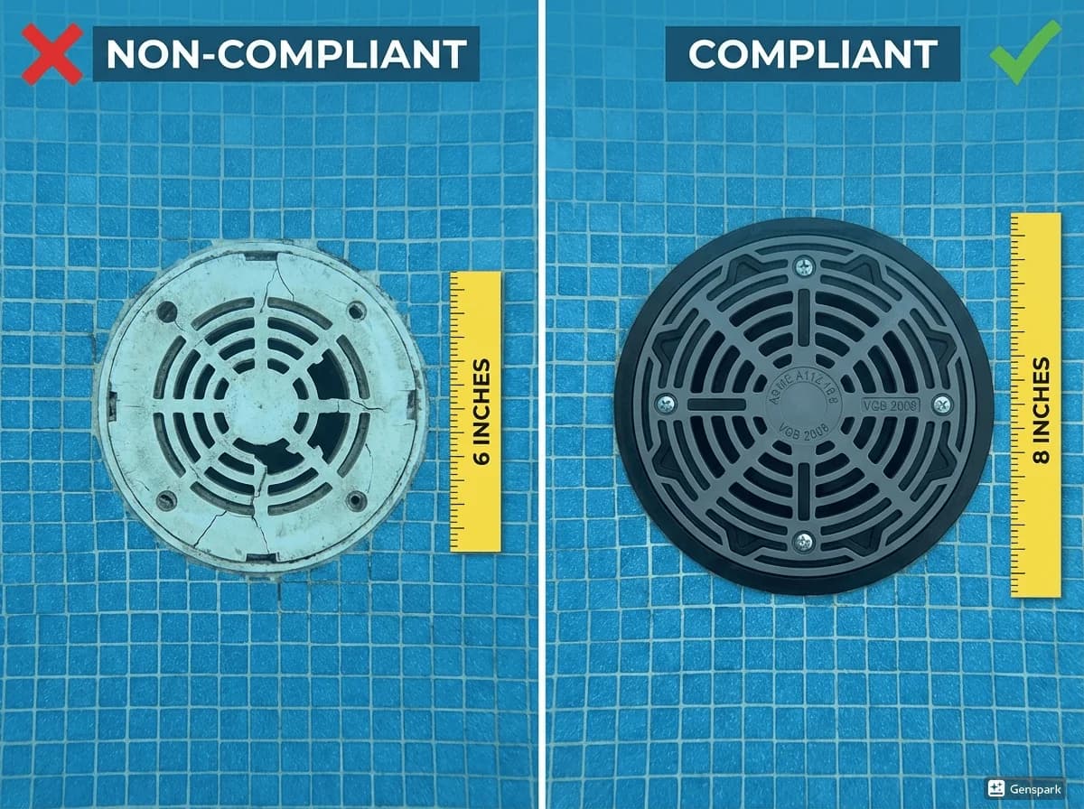 Side-by-side comparison of non-compliant old pool drain cover next to new VGB-compliant drain cover showing safety certification markings