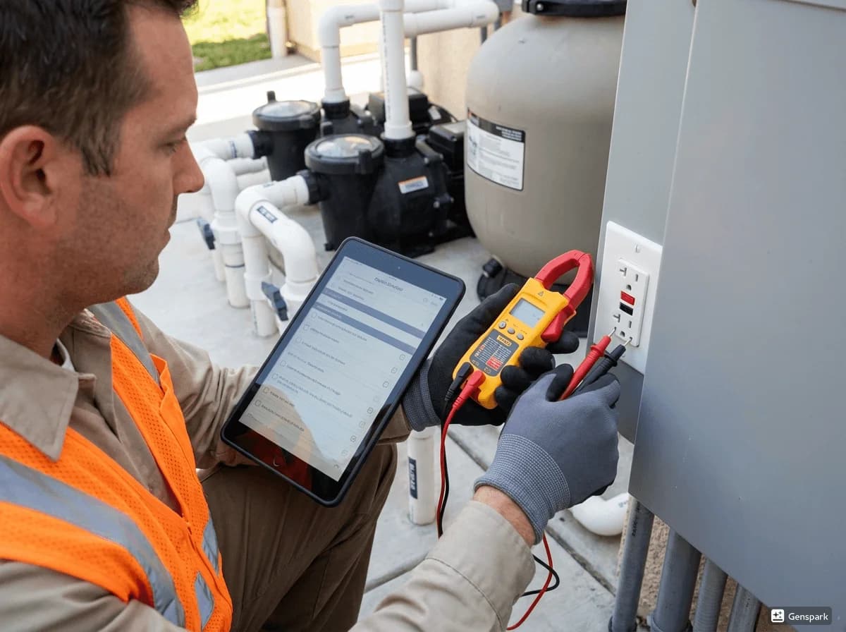 Professional pool inspector examining electrical equipment, GFCI outlets, and bonding wires for safety compliance during California real estate inspection