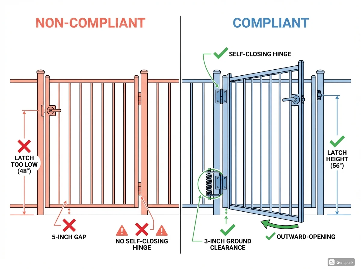 Close-up diagram showing compliant vs non-compliant pool gate latch heights, clearances, and self-closing mechanisms for California AB 3205 standards