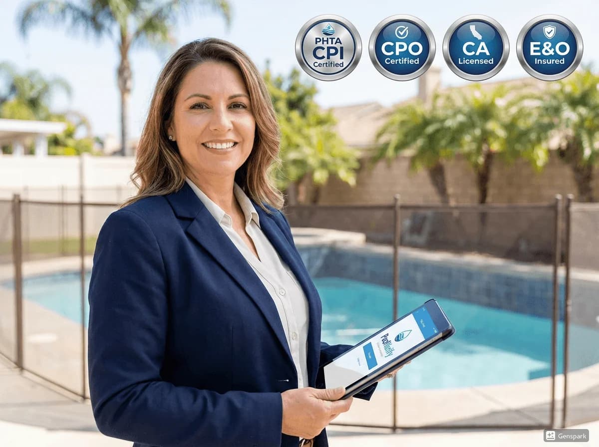 Professional certified pool inspector with tablet conducting digital inspection at California residential property, showing PHTA certification badge