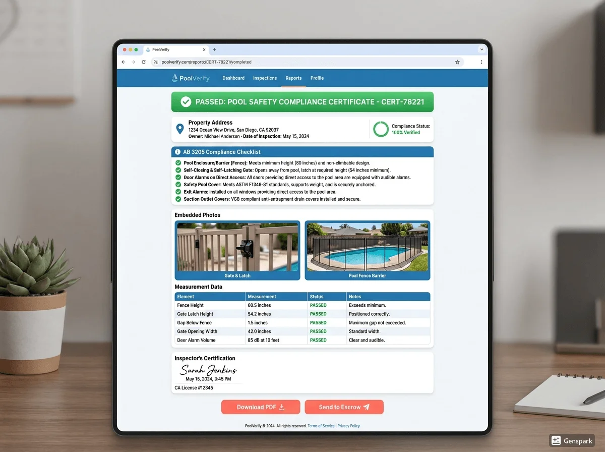Screenshot of PoolVerify digital pool inspection report showing compliance certificate, checklist, and photo documentation for California real estate transactions