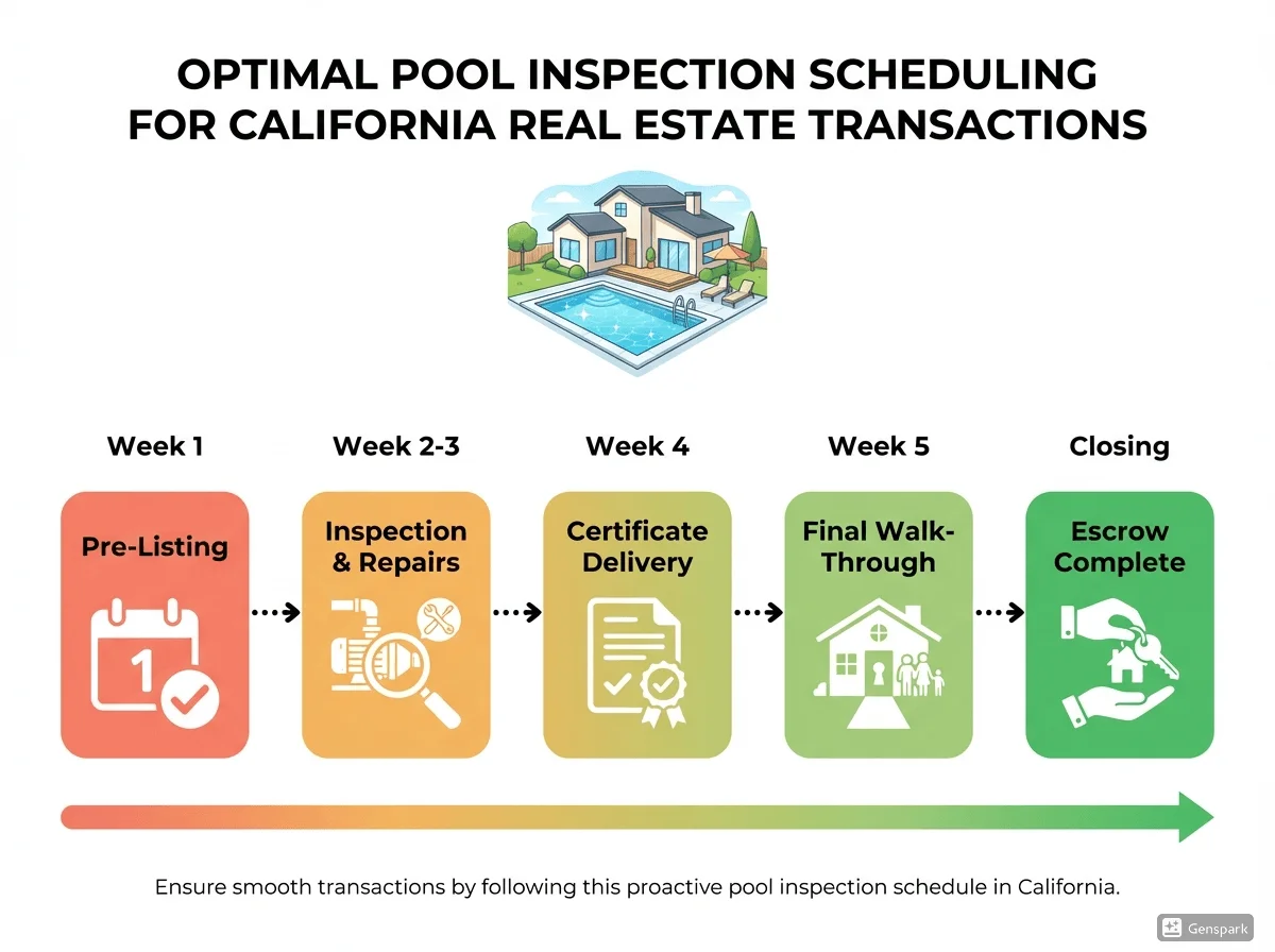 Timeline infographic showing optimal pool inspection scheduling from pre-listing through escrow closing for California real estate transactions