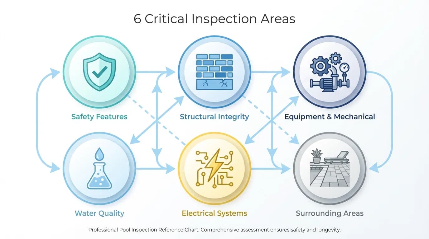 Diagram showing six main areas of pool inspection: safety features, structure, equipment, water, electrical, and deck