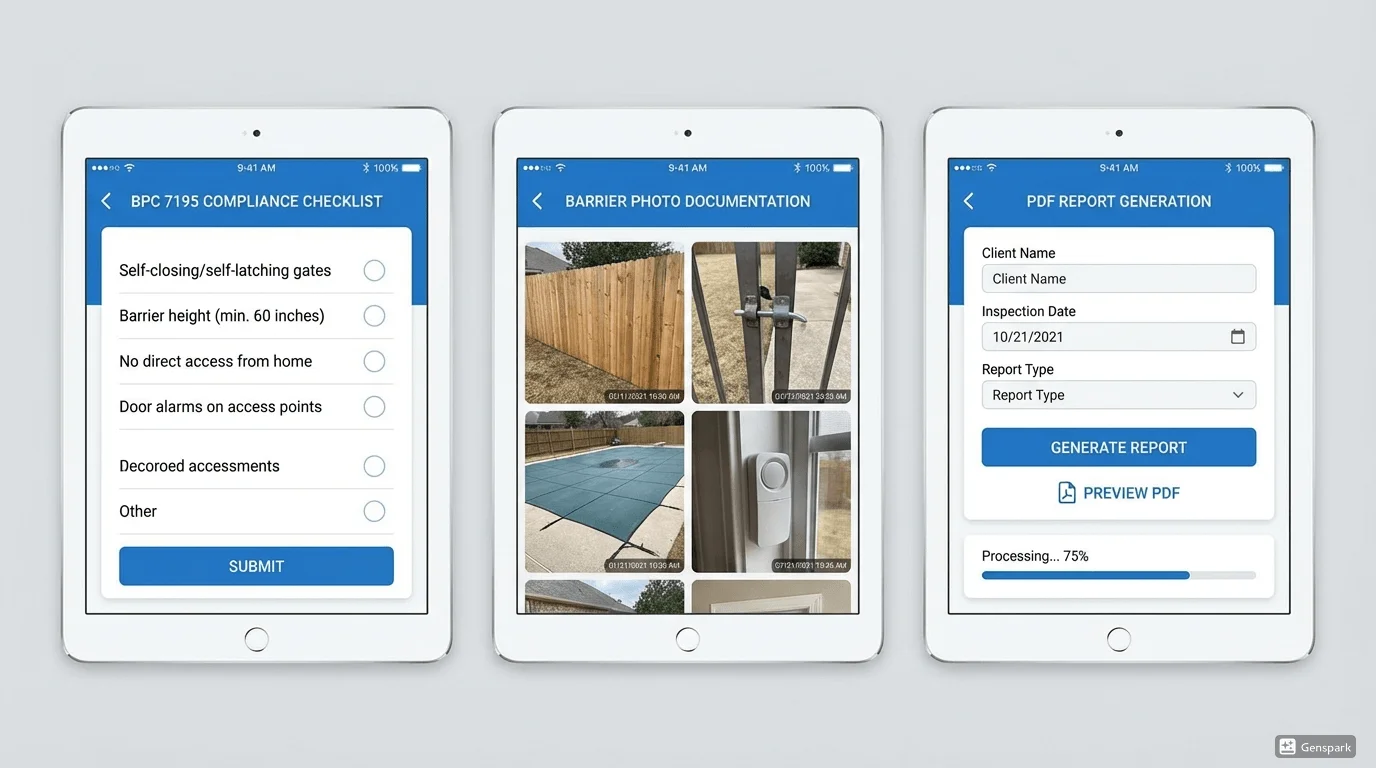 Split-screen comparison of pool inspection software interfaces showing compliance checklists and report generation
