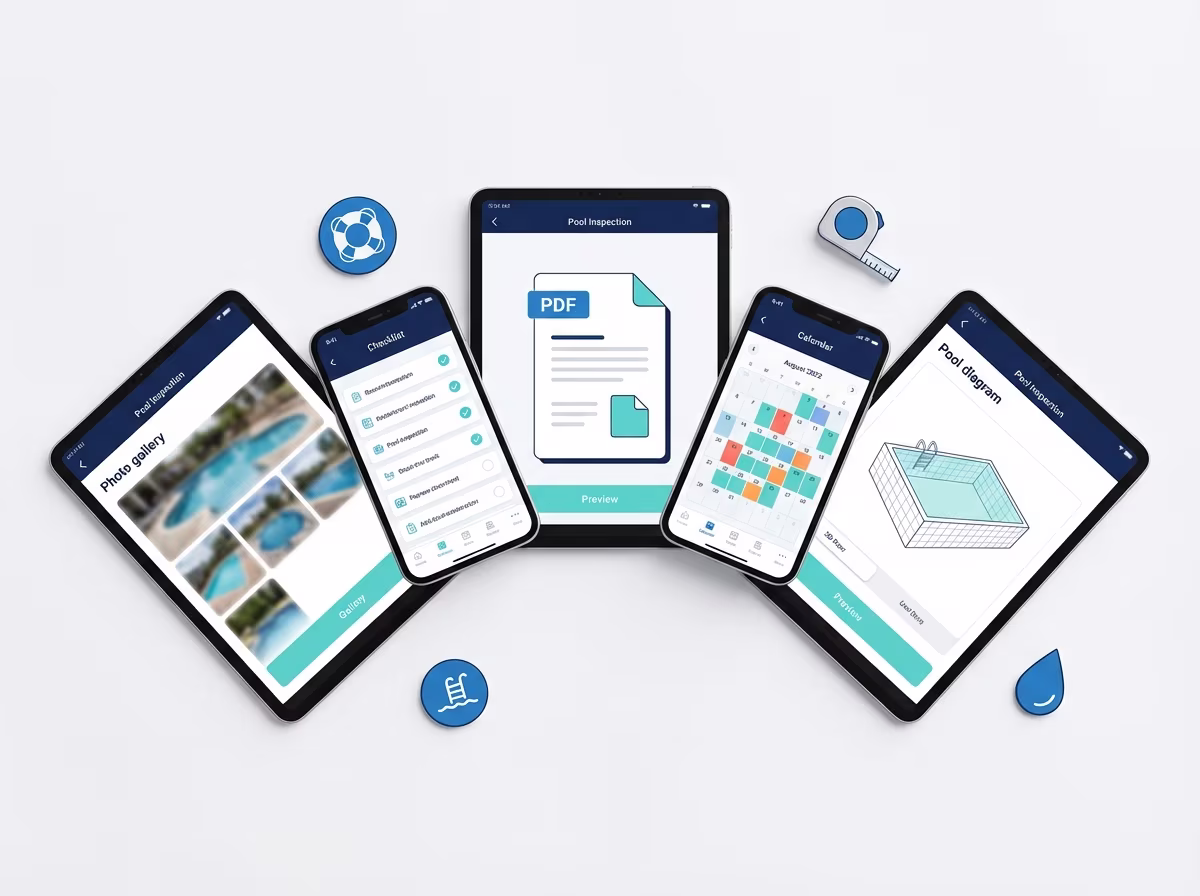 Pool inspection software features comparison showing pre-loaded templates and photo annotation tools